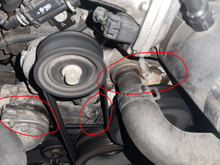 signs of fluid on water pump, lower radiator hose?, and under the intake boot.