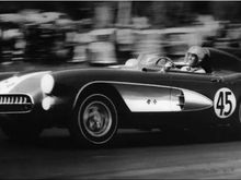 ABOVE: In 1957, Dr. Richard K. Thompson, a dentist in Washington, races his 1957 Corvette Stingray, in a blur of speed around a track in a race in Maryland