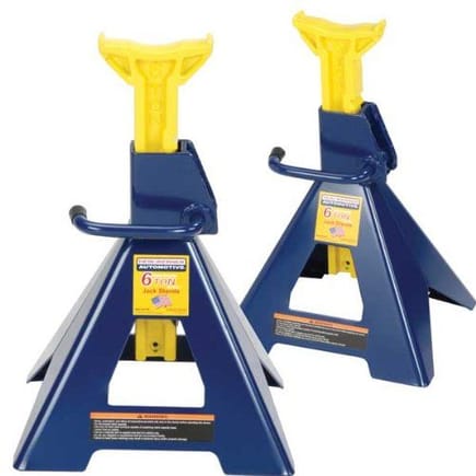 Hein-Werner HW93506 Blue/Yellow Jack Stands, 6 Ton Capacity (Set of 2) from amazon.com 

You don't really need these, you can on with a cheaper jack, but keep in mind safety first but YES 6 ton each is way over due.