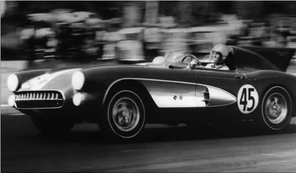 ABOVE: In 1957, Dr. Richard K. Thompson, a dentist in Washington, races his 1957 Corvette Stingray, in a blur of speed around a track in a race in Maryland