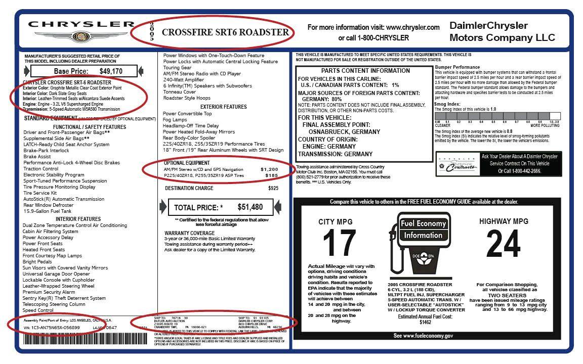 Miscellaneous - Replica Window Sticker - New - 2004 to 2008 Chrysler Crossfire - Brownstown, MI 48193, United States