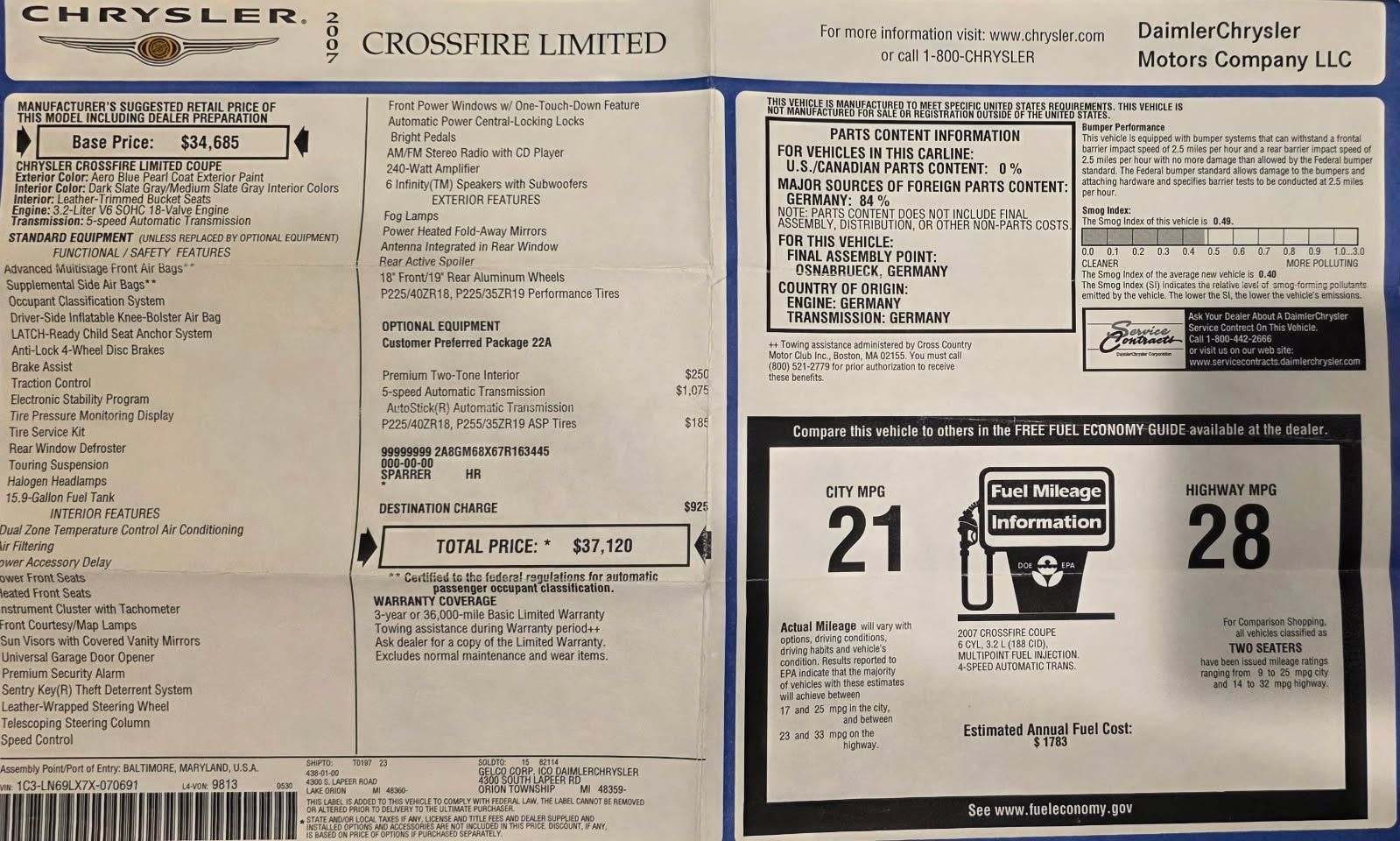 2007 Chrysler Crossfire - 2007 Chrysler Crossfire Limited - Coupe - Used - VIN 1C3LN69LX7X070691 - 32,200 Miles - 6 cyl - 2WD - Automatic - Coupe - Blue - Lansing, MI 48917, United States