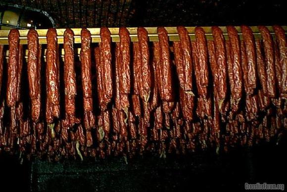 Nowicki s Landjaeger in smokehouse