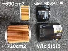 Physical size of the oil filters.
Wix 51515 (non XP version) has almost triple the surface area of the Mitsubishi MD356000 filter.