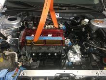 Getting in there, I left one side unhooked because I’m waiting on water pulley bolts , I’ve got blocks supporting engine you can’t see