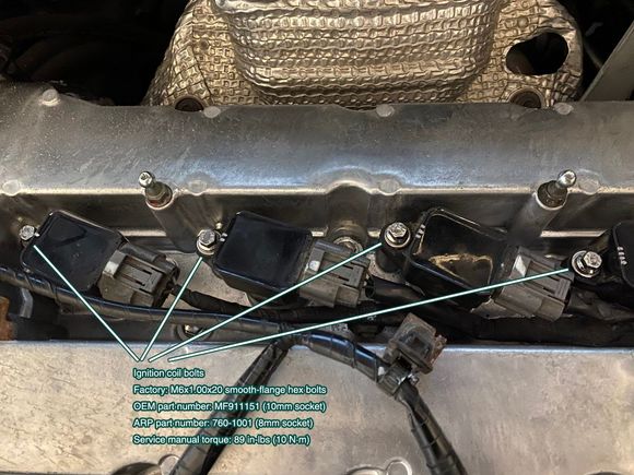 ARP 760-1001 installed as ignition coil bolts on Evo X.