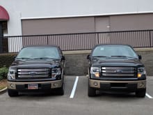 same truck on the left minus the level to show the difference in height with a 1.5" level in the front.