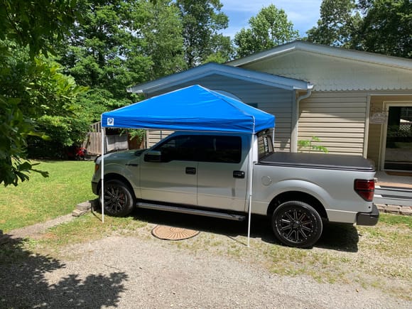 Gonna replace this 10’x8’ compote with a 10’x20’ canopy so we can have both the car and truck passenger compartments shaded. Each side will be 10’ wide so I won’t have to fold in the mirrors on the truck.