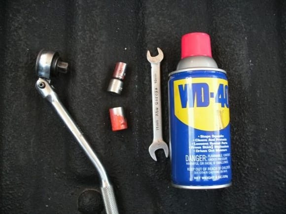 All you will need for this job is a 10mm and 13mm socket, a ratchet that angles, another 10mm wrench (optional), and a can of wd-40.