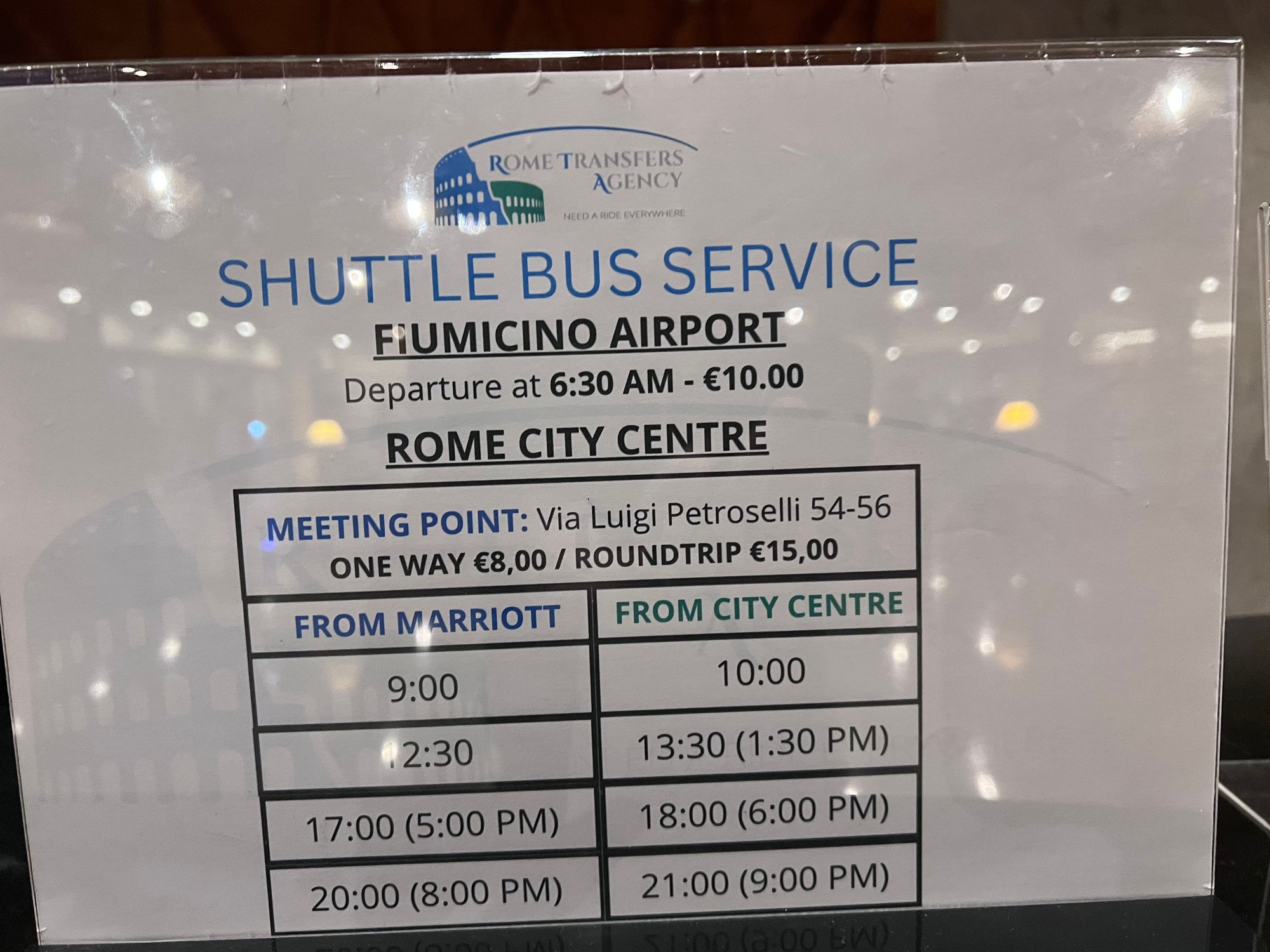 Rome Marriott Park Hotel Airport Shuttle Schedule