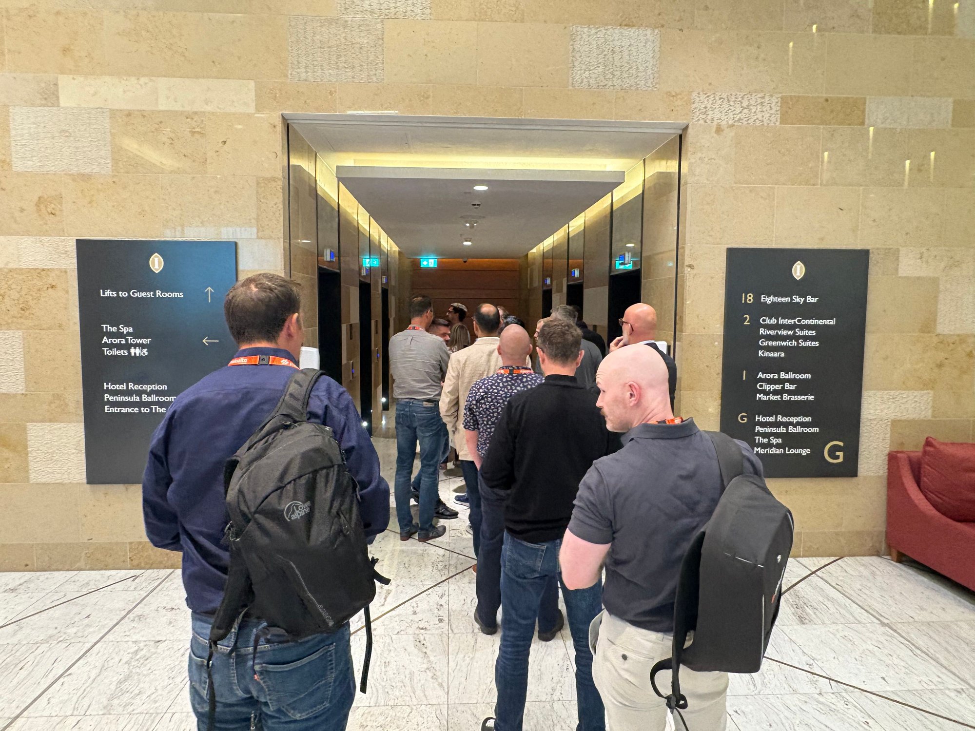 Ofcourse everytime there is a queue for the 6 elevators and very interesting gossip can be overheard discussing other conference attendees
