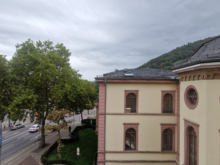 Notice the 'haltestelle' sign. It says you can arrange your own transport to Frankfurt Airport calling a particular number. It's about 85 km or 1 hour.