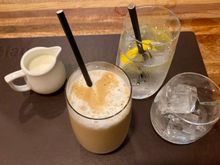 Iced latte with extra milk , iced water with lemon wedges ..