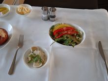 Salad of Salsify, Sauce Bolzano Style and Quail Egg Seasonal Leaf Salad with Bell Pepper Julienne