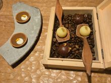 Caramel tartelette, chocolate and pistachio, apple sphere with yuzu