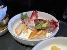 Smoked trout - endive, whipped ricotta, red wine vinaigrette, bagel crostini.  The smoked trout by itself is very salty, better to have with the whipped ricotta and endive over the crostini.