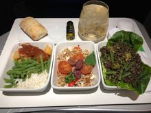 Pork vindaloo stew, wheatberry & smoked almond couscous, and herby lentil salad