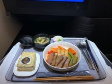 Main dish of Waygu beef. Sides of rice and miso soup