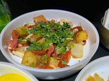 PANZANELLA SALAD with oven roasted tomato, bread, radish, and basil.  Very good flavor!