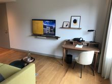 The desk has a handy built-in electric outlet