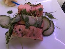 Salmon app was hot smoked, decent albeit somewhat dry.