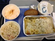 worst food on airline I ever had - pasta sauce had  absolutely no taste, dry rice "salad" as side and an undefinable artificially tasting cream as dessert