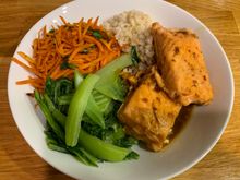 Simple Monday night dinner or teriyaki salmon and reheated sides. 