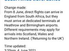 Hello all - for those still subscribed to this thread, UKGOV have just updated their travel advice to allow direct flights from SA to the UK - SA is (presumably) staying on the red list and passengers will still have to go through mandatory quarantine.

I’m currently in day 4 of quarantine at Heathrow - I’m hoping this news means I can fly back to SA direct later in the summer (rather than the 21 hour circus through Doha and Madrid to get here).

​​​​​​​