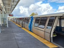 Pittsburg Bay transfer Station.  The BART electric trains terminate at the transfer station.  You simply walk across the platform and get on the eBART diesel train.