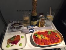 Flight was 2hrs delayed and no pre-dinner drinks served. Had to order with dinner service but no ice were available. 
Avocado pasta, again 