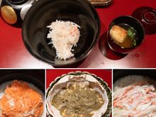 Snow crab rice two ways, plain and with crab miso. 