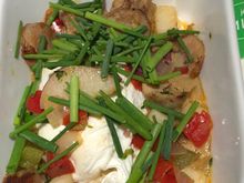 Chicken sausage hash - mushroom sauce, onions, peppers, potatoes, chives, poached egg