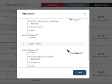 Clicking Details shows flight numbers, departure and arrival times, flight length, layover length and a clickable seat map that is more detailed including exit rows, leg room for each row, windowless seats etc.
