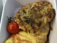 Smoked Gouda &  caramelized onions omelette 
roesti potato, roasted tomato