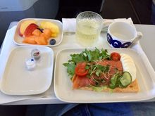 Pre-arrival meal, open faced salmon sandwich.
