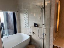 Bathroom (toiletries are Pharmacopia in big bottles)