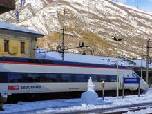 And a more life-size snowman at the station in the town of Domodossola 