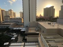 View from our south-facing balcony.  The International Market Place is seen at the bottom/left; it extends nearly all the way to the hotel and provides a nice walking-route towards the beach.