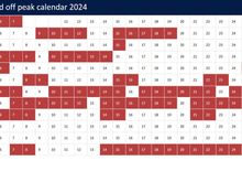 Red = peak. You’ll see mid July-early September are dominant for peak days, Christmas/New Year, Valentine’s Weekend and a few others. 

February, March, October and November are the least “peak” months.