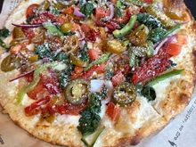 For lunch - “Build your own pizza” with garlic oil, Alfredo, mozzarella, parm with pepperoni and a ton of veggies from Fired Pie