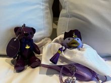 Purple leather Conrad bear keychain (w 20.000 ~ $16 USD) and “Special” Conrad Duck ( w 22.000 ~ $19 USD) in Korean hanbok style bag and norigae (hanbok - traditional Korean clothing; norigae - special knotted decoration).