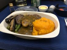 Beef tenderloin, mashed sweet potato, eggplant and asparagus