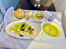 Golden beetroot and goat's cheese salad, Courgette and basil soup