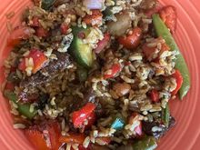 And for lunch, leftover Mongolian beef with brown rice from Pei Wei, stir fried with fire roasted veggies from Costco and garlic oil and soy sauce. Very happy with the results. 