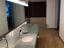 Everything is mirrored - sinks, towels, hair dryer and the mirror :)