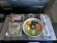 Pretty basic fruit plate and yoghurt with granola and lemon chia loaf.