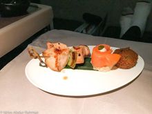Next up was an appetizer consisting of a chicken kabob, smoked salmon on toast and what I believe was a falafel. All of them were pretty solid.