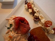 Starter- A mix of starters - baked Camembert, feta cheese with tomatoes and roast beef with coleslaw.