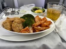 Child’s main. Chicken in breadcrumbs, broccoli and pasta. Went down well, looked good on the plate. 