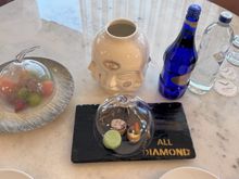 mineral water, fruit and sweet treats